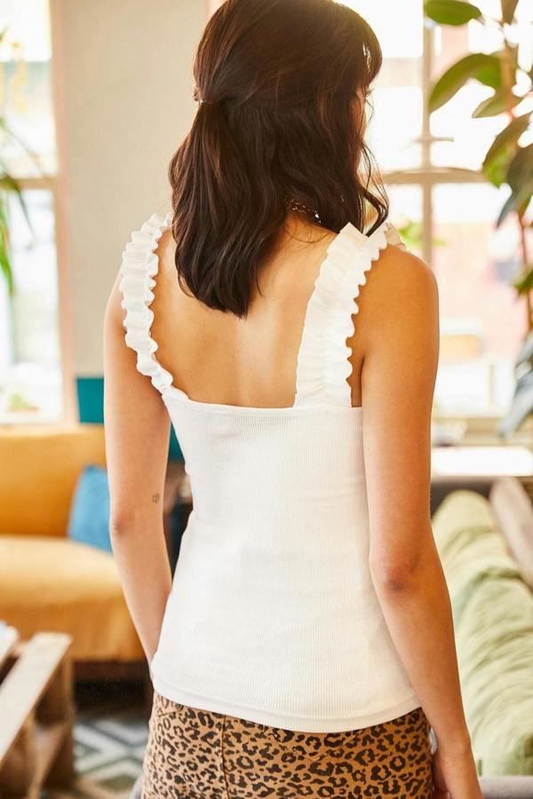 Hoxton Gal Ruffled Strap Stretch Ribbed Blouse