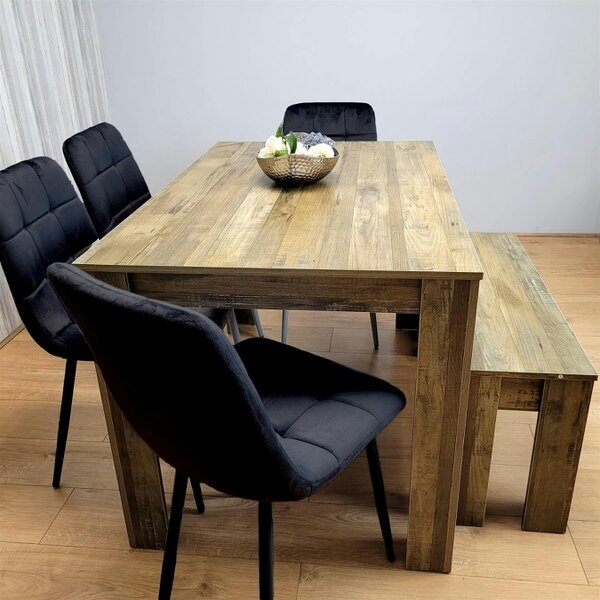 Kosy Koala Modern Dining Table with 4 Black Velvet Chairs and Bench Dining Furniture Set