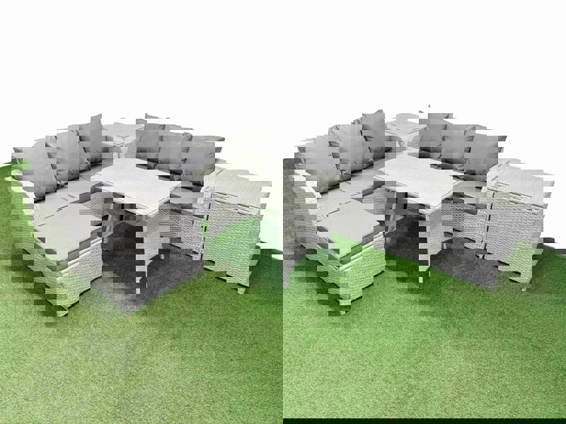 Fimous Patio Dining Table & Chairs Set Rattan High Back Lounge Sofa Set with 3 Seater Sofa 2 Side Tables Big Stool Light Grey