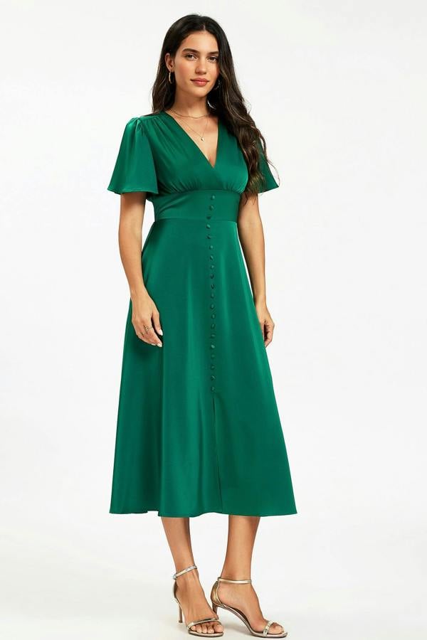FS Collection Satin V neckline Button Detail Dress In Green