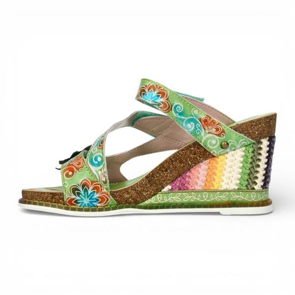 Laura Vita Balade 32 - Women's Vert Green Floral Leather Wedge Sandals