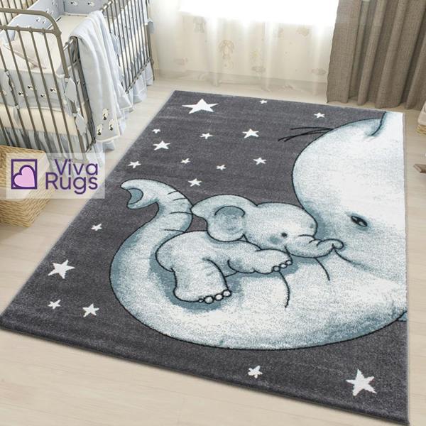 Viva Rugs Kids Animal Rug Grey Blue Elephant Nursery Mat Childrens Star Bedroom Carpet New