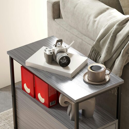 Wyld Haus Loto Wooden Grey Wood Effect Narrow Bedside Table With 2 Drawers And Top Shelf