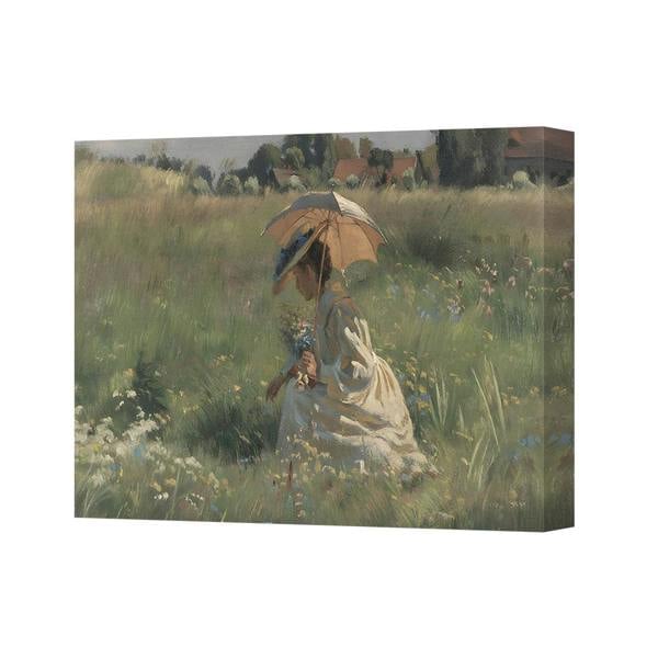 Benjamin Tate Design Pastoral Woman With Umbrella In Meadow Canvas Print
