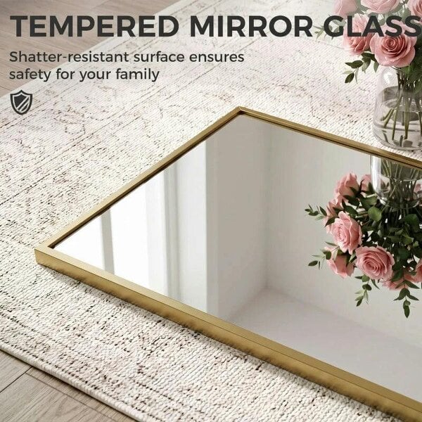Bobobiy 40 x 110 cm Full Length Wall Mirror, Rectangular Mirror with Adjustable Hooks, Over the Door or Wall Mounted, Gold Tone