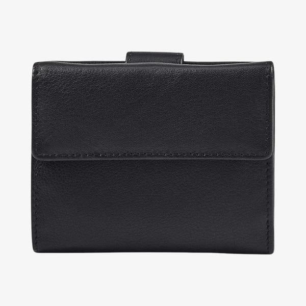 Real leather women's trifold wallet in black with 6 card slots