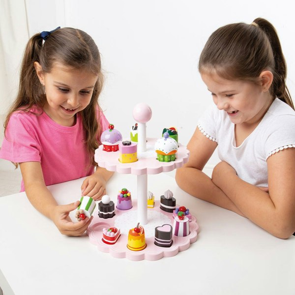 Tidlo Wooden High Tea Playset Featuring Two Tier Stand & 15 Cakes