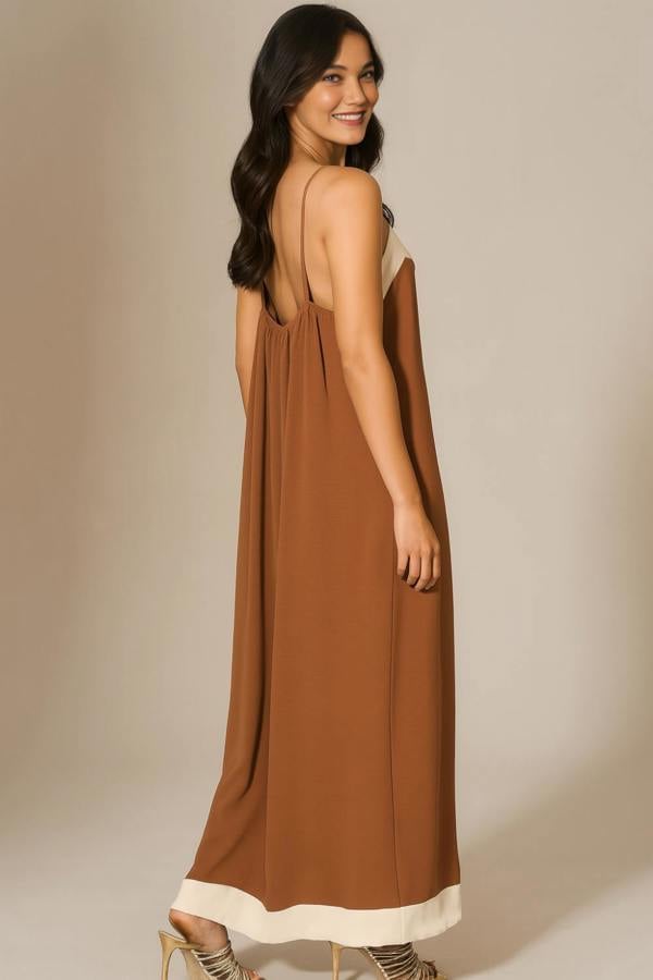 Hoxton Gal Relaxed Fit Cami Midi Dress in Brown and Beige