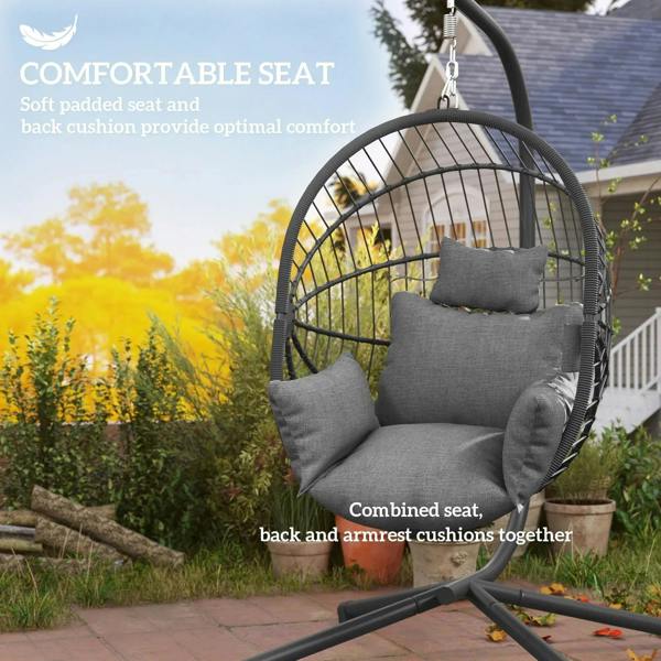 Grey padded hanging egg chair seat with back cushion and armrest pillows.