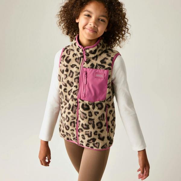 Regatta Childrens/Kids Frankie Leopard Print Fleece Body Warmer - Mocha/Violet - 
