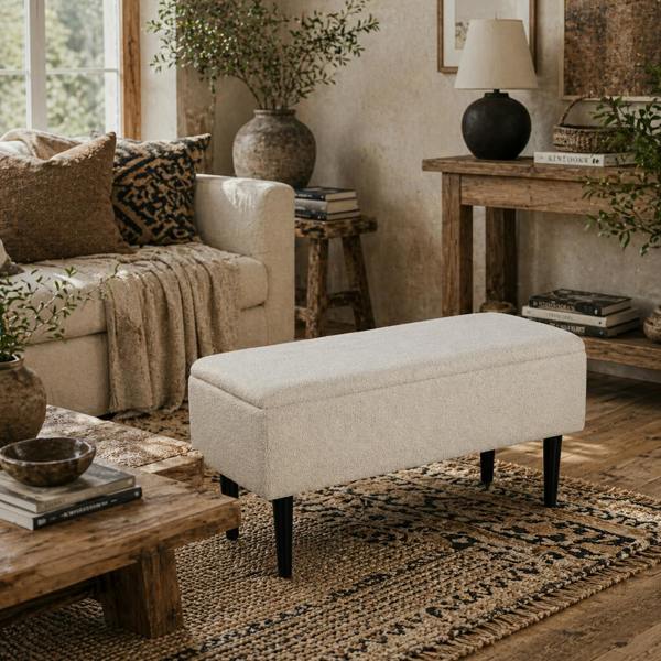 Wyld Haus Nevano Boucle Cream Storage Ottoman Teddy Fleece