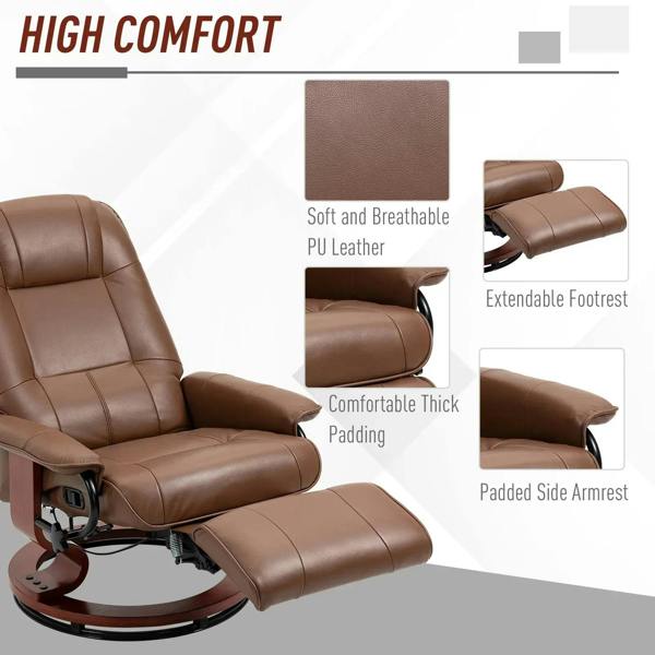 Brown faux leather recliner armchair showing padded arms and extending footrest