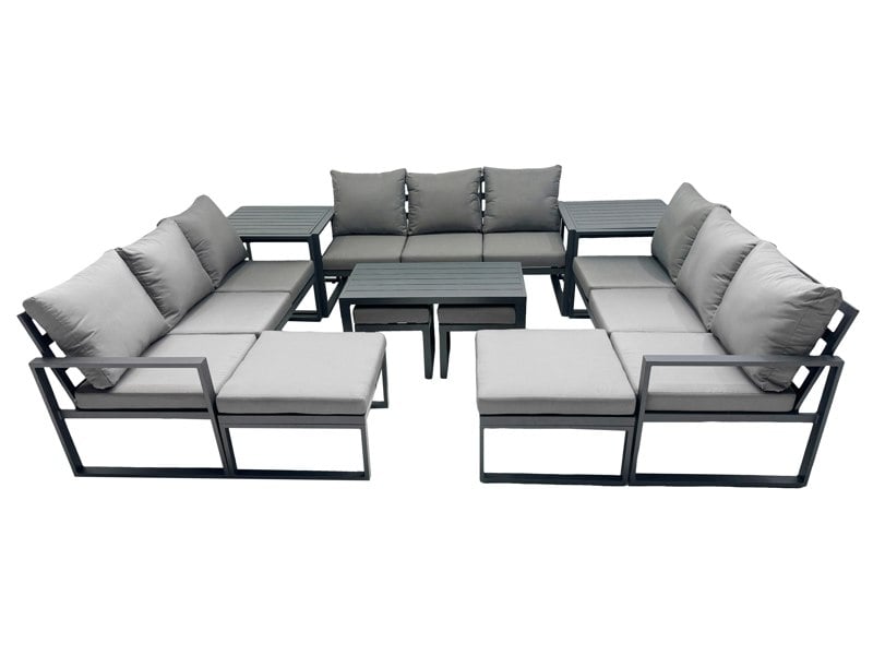 Fimous Outdoor Garden Furniture Set Aluminium Lounge 3 Seat Sofa Oblong Coffee Table Sets with 4 Stools 2 Side Tables Dark Grey