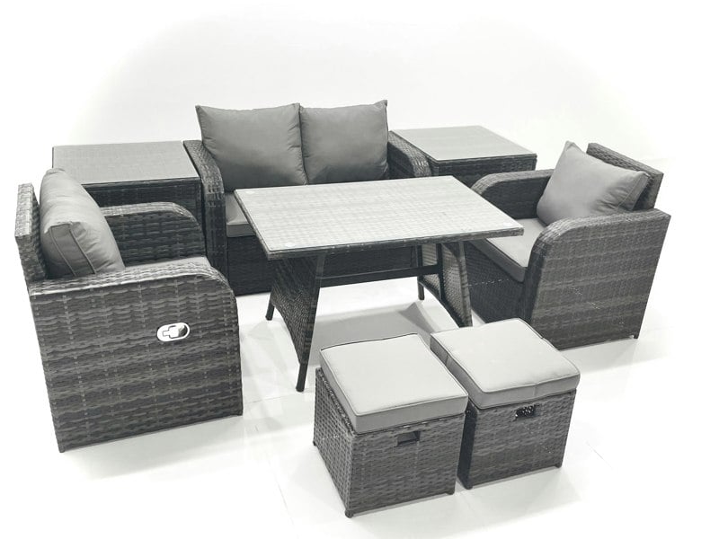 Fimous Outdoor Garden Furniture Set Rattan Sofa Dining Table Set with Reclining Chair 2 Small Footstool 2 Side Table Dark Grey Mixed