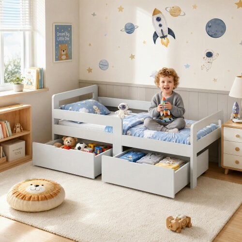 AIYAPLAY Wooden Kids Bed Frame with 2 Storage Drawers for Ages 4-14, Grey