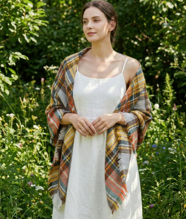 VIA MONTEN Women’s Vintage Plaid Scarf, Oversized Winter Scarf Wrap with Fringe, Soft Large Shawl for Cold Weather Styling