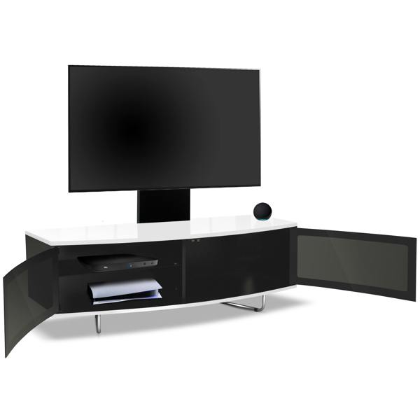 Homeology Caru Black White Beam-Thru Remote Friendly Super-Contemporary D Shape Design 32"-65" LED/OLED/LCD TV Cabinet with Mounting Arm