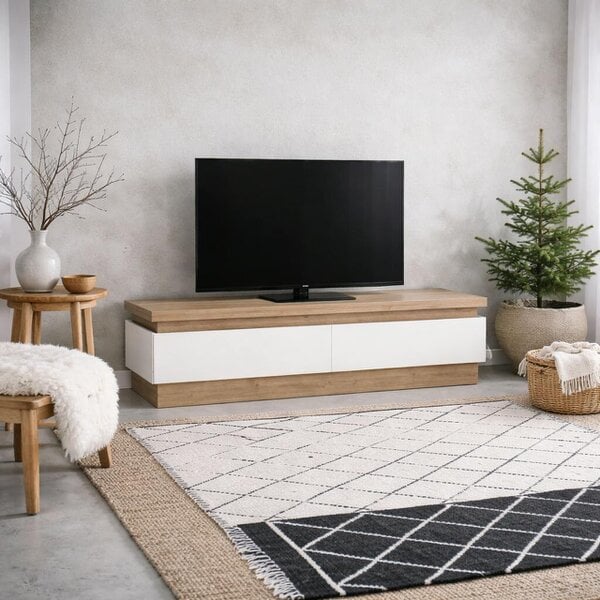 Wyld Haus Hjorring White Gloss and Natural Oak Wood TV Cabinet 2 Drawer