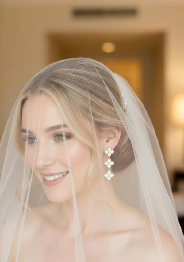 Bride wearing a veil and floral gold earrings with a blurred indoor background