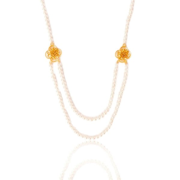 Lila Rasa Long pearl statement necklace with clover