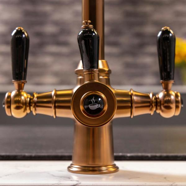 Flode korsa | Traditional Cruciform Style 3 in 1 Instant Boiling Tap | Black Ceramic Levers | Brushed Copper Finish