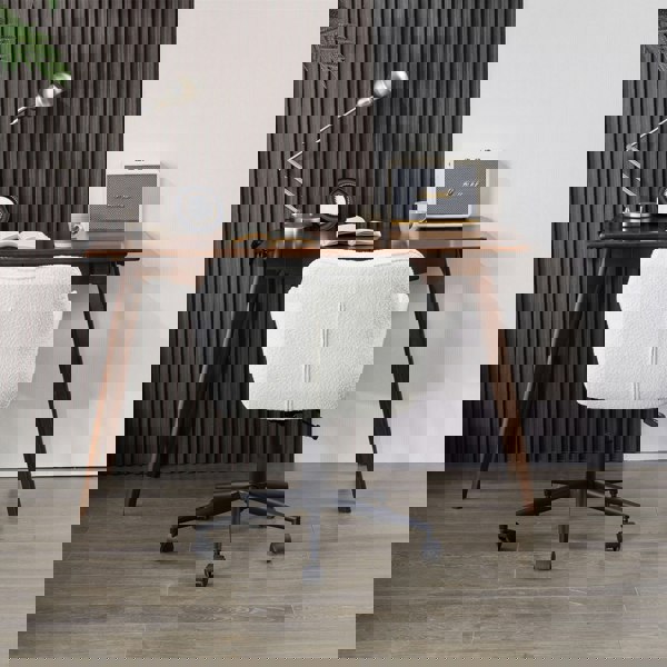 Furniture One Office Chair, Boucle Fabric Padded Armchair, Mid-back Swivel Vanity Chair - Max Load 150kgs - White