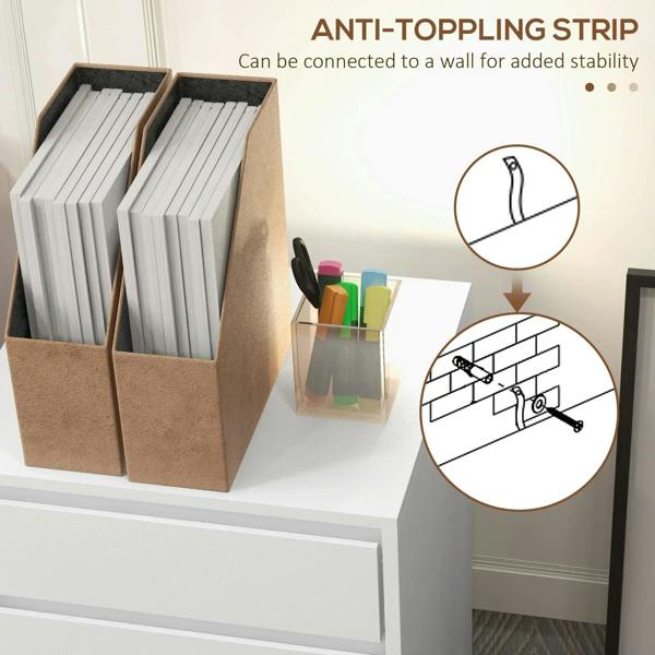 White filing cabinet with anti-tip strip feature shown near the drawers