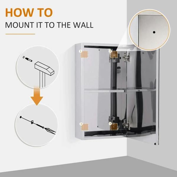 Wall-mounted mirror storage cabinet with door hardware and mounting area detail