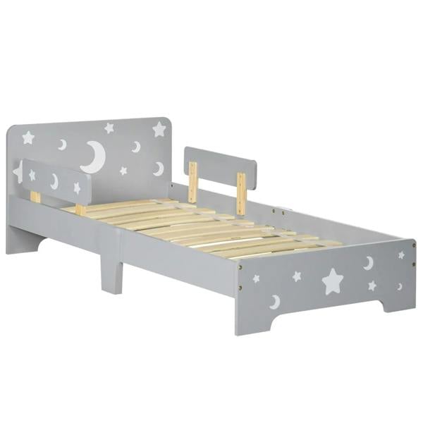 Grey toddler bed frame with star and moon panels and wooden slat base