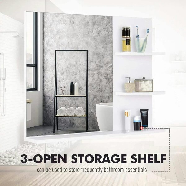 Bobobiy Modern Bathroom Mirror, Wall-mounted Vanity Mirror with 3 Tiers Storage Shelves for Make Up, White