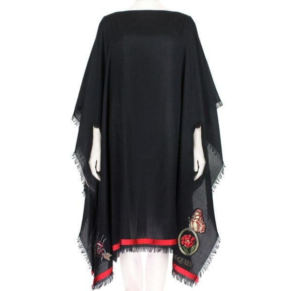 Alexander McQueen black wool blend cape Butterfly, flower and sword embroidery detailing