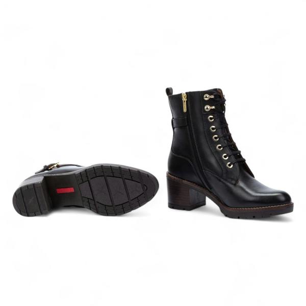 Pikolinos Women’s Black Leather Mid-Heel Combat Ankle Boots - Llanes