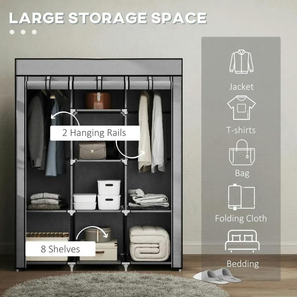 Light grey fabric wardrobe with two hanging rails and eight shelves, open front.