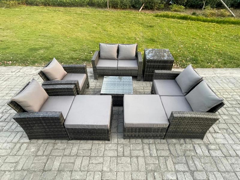 Fimous 8 Pieces Garden Set, Wicker Rattan, Manual Patio Sofa Conversation, 2 Big Footstools and Side Table, Dark Grey Mixed