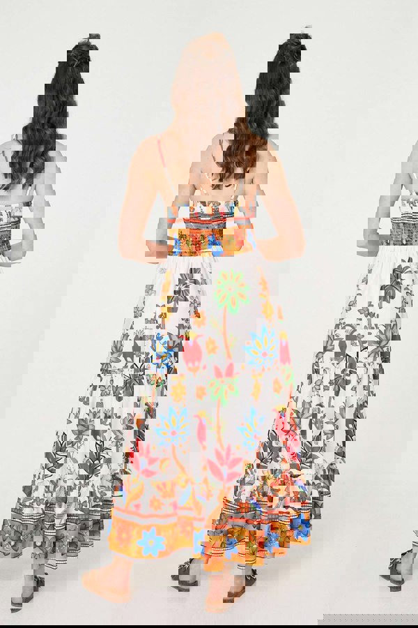 White | Tropical Print Sleeveless Maxi Sun Dress
