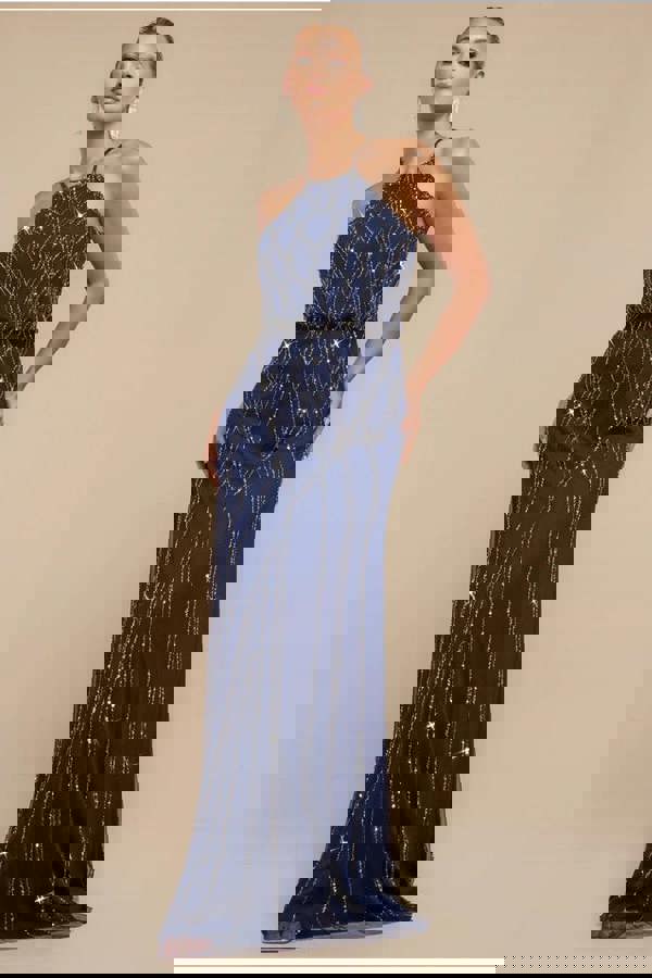 Racer Neck Sleeveless Hand Embellished Sequin Maxi Dress - Navy Blue DR2889