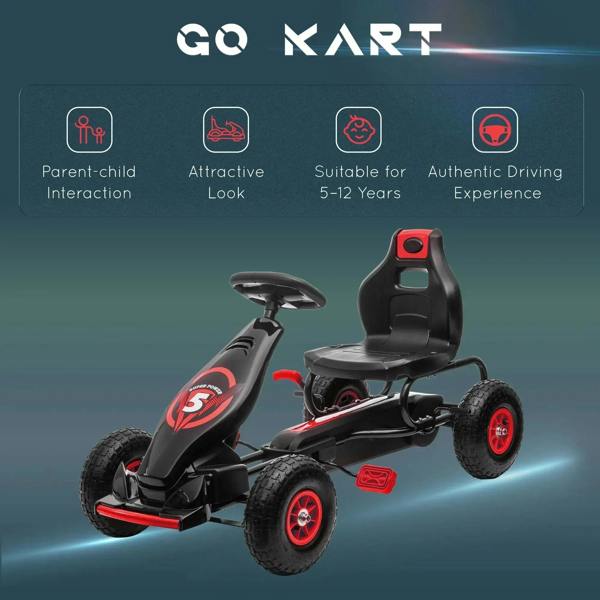 Kids pedal go-kart with enclosed chain, black seat and frame with red wheel rims