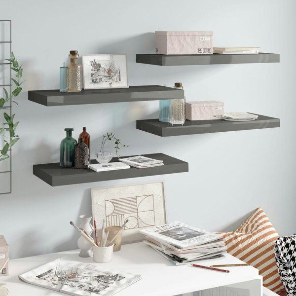 Berkfield Floating Wall Shelves 4 pcs High Gloss Grey 60x23.5x3.8 cm MDF
