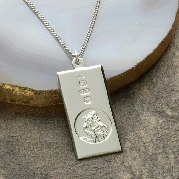 Christopher James of London 9ct White Gold Custom Hallmarked Large St Christopher Ingot with Optional Engraving and Chain