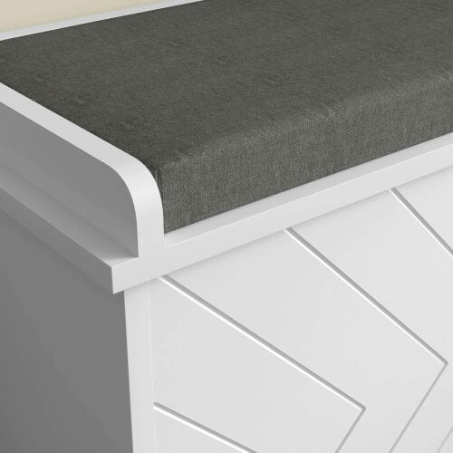 Wyld Haus Rakamo Wooden White Chevron Shoe Bench With Grey Padded Seat For 10 Pairs