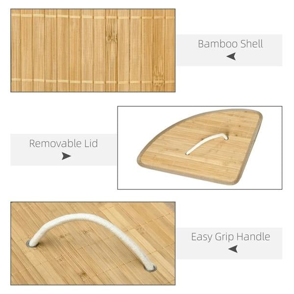 Bamboo laundry hamper features: removable lid and easy-grip handle, light wood shell.
