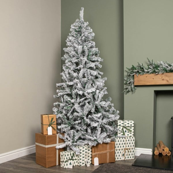 Samuel Alexander 7ft (2.1m) Snow Flocked Artificial Christmas Tree with Green Metal Stand and 655 Tips