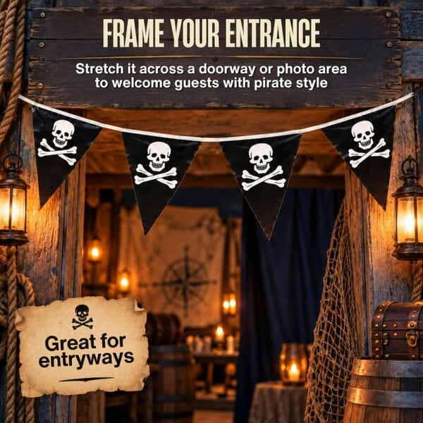 Shatchi 6m Pirate Bunting with Black Skull and Crossbones Pennants for Parties and Displays