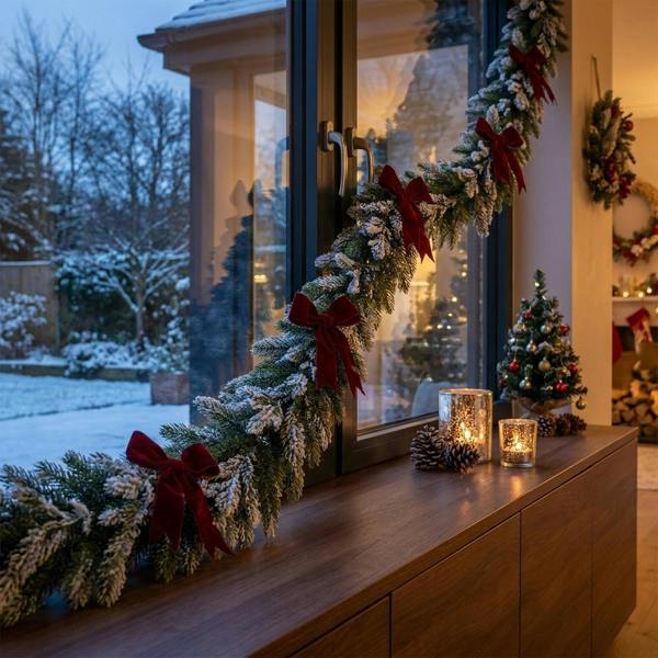 Garden Greatness Snowy Pine Red Bow Christmas Garland