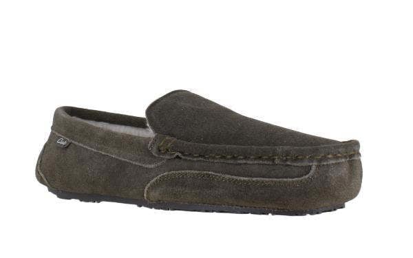 Clarks Waxby Chale Mens Suede Slip On Moccasin Slippers, front view of dark grey slip-on slippers with soft suede material and moccasin design.