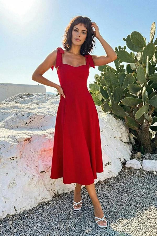 WOVCOR Tie Strap Midi Dress with Sweetheart Neckline
