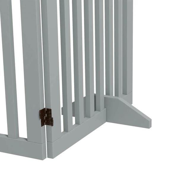 Grey wooden pet gate support foot with vertical bars and brown hinge detail