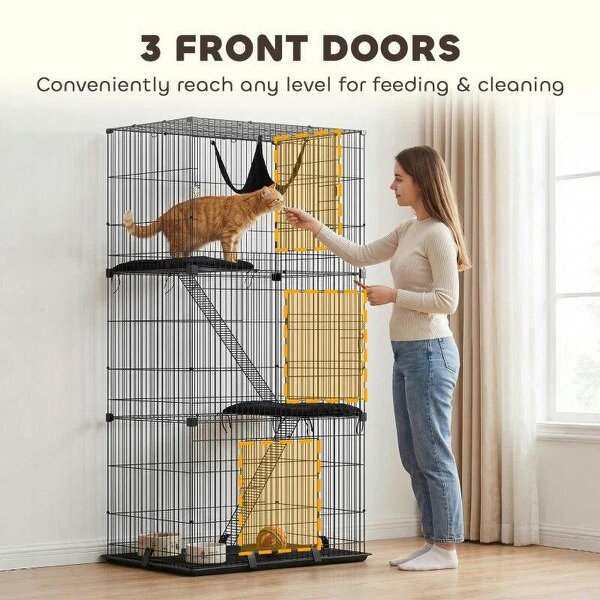 3-Tier Large Cat Cage Indoor, Detachable Metal Wire Kennel with Hammock, Platforms, Tray and Cushions for 1-2 Kittens