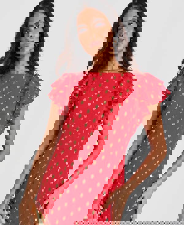 Red Flutter Short Sleeve Foil Midaxi Dress