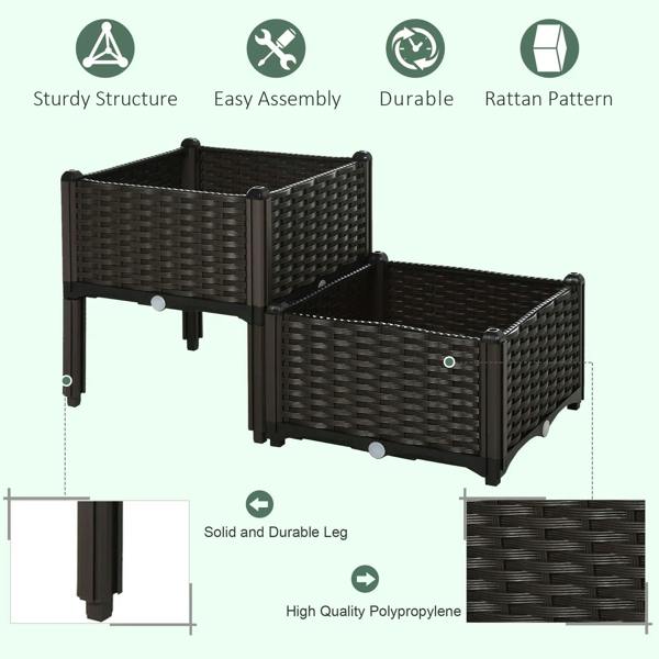 Set of 2 brown polypropylene elevated planter boxes with sturdy legs and woven pattern